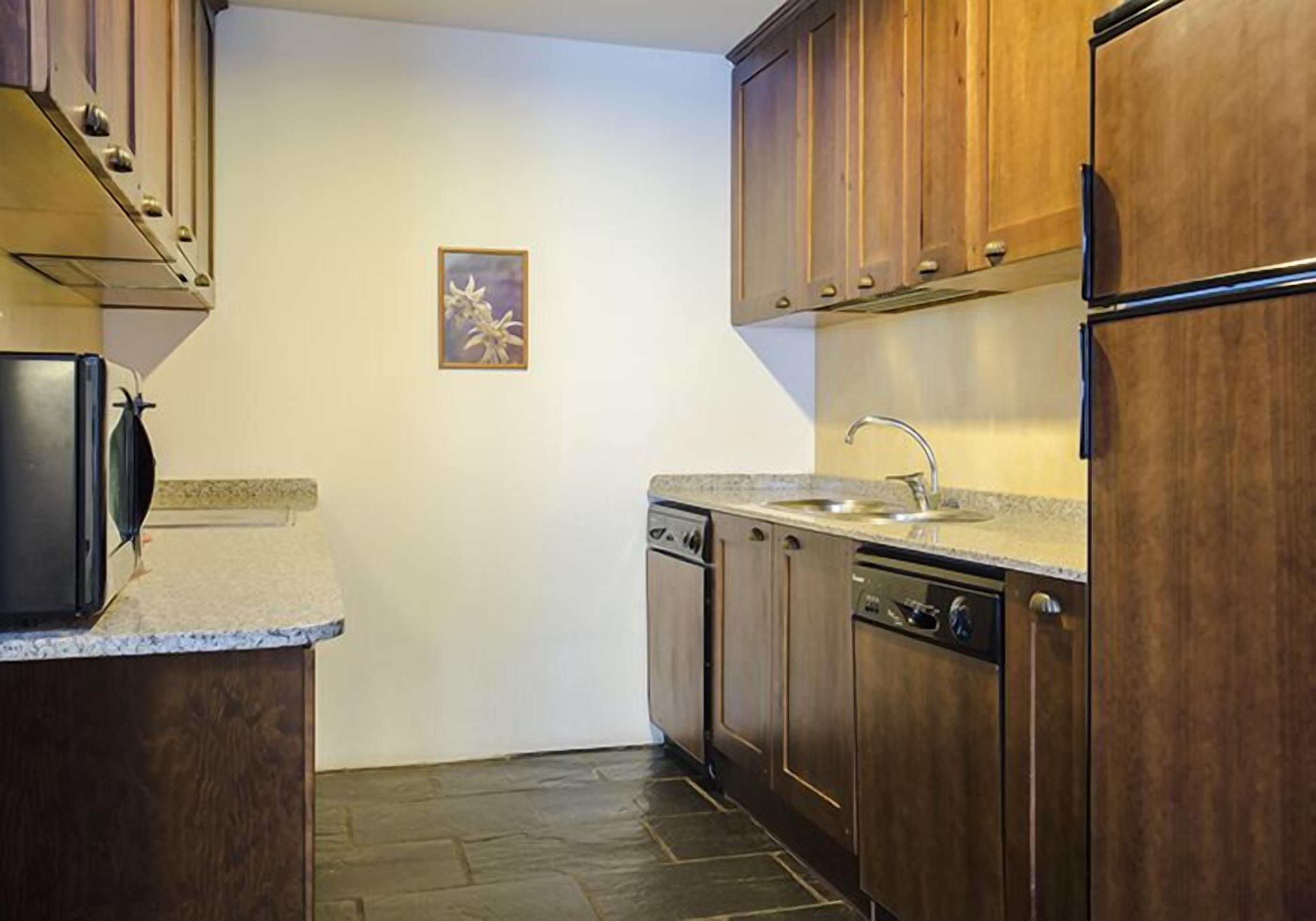 Una cocina compacta con armarios de madera oscura, lavavajillas y refrigerador.