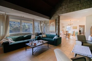 Un vaste espace de vie comprenant un canapé vert, une table basse et un coin repas avec des chaises et une table.