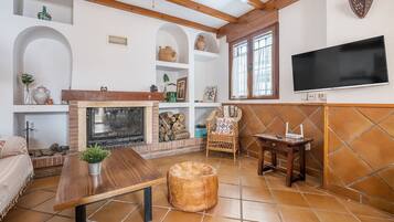 Una televisión, una chimenea