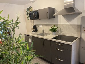 Fridge, microwave, stovetop, coffee/tea maker