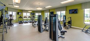 A gym with various exercise equipment, large windows, and a green wall.