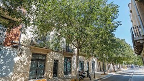 A tree-lined street with a bench and a parked scooter.