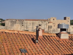 A rooftop with terracotta tiles, a chimney, and a large water tank.