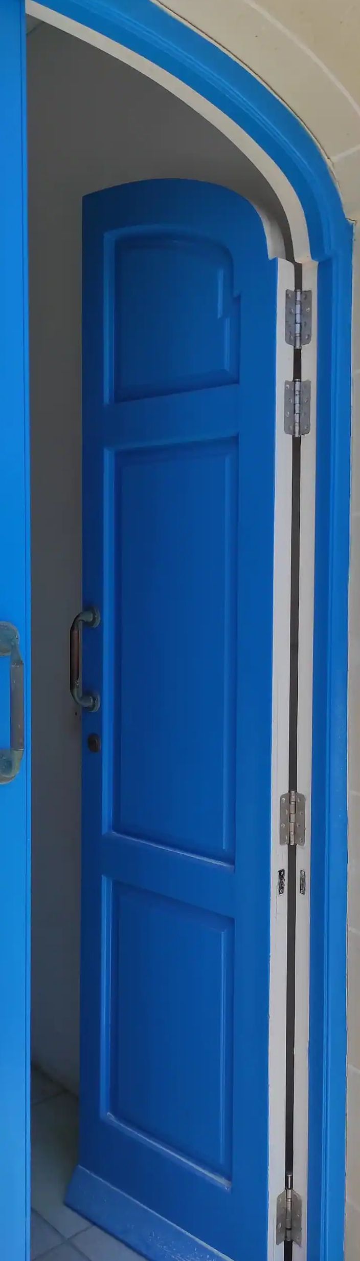 A blue door with a handle and a latch.