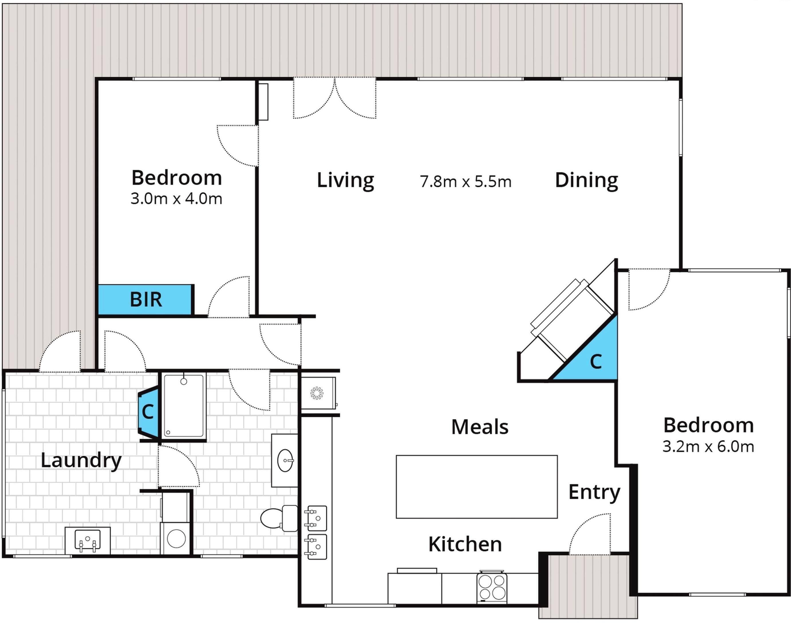 A floor plan with a living room, dining area, kitchen, two bedrooms, a bathroom, and a laundry room.
