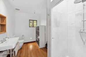 A modern bathroom with a white sink, toilet, and a walk-in shower.