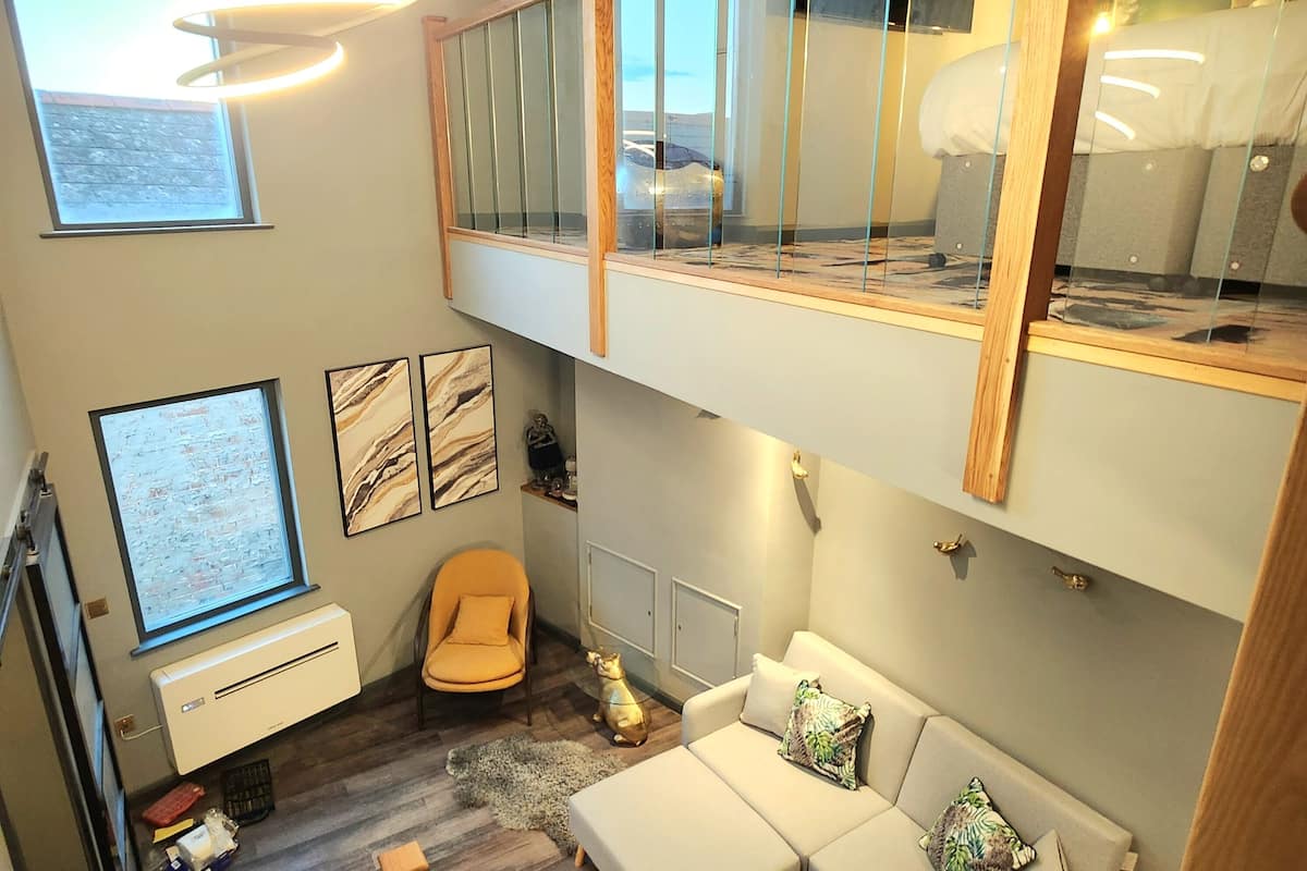 Un espacio habitable moderno con un sofá, una silla, un perro y una ventana.