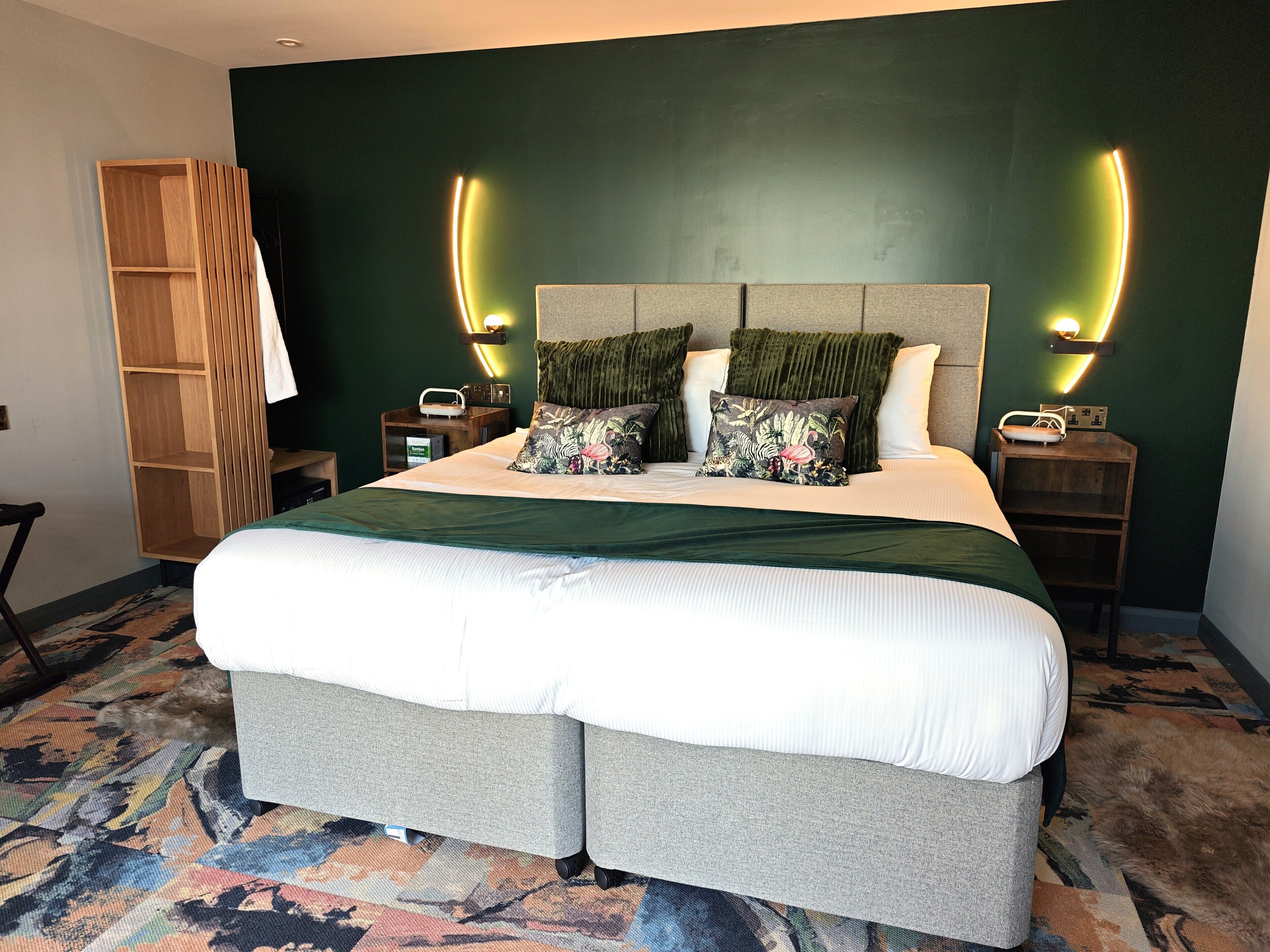 Premium bedding, Select Comfort beds, desk, laptop workspace