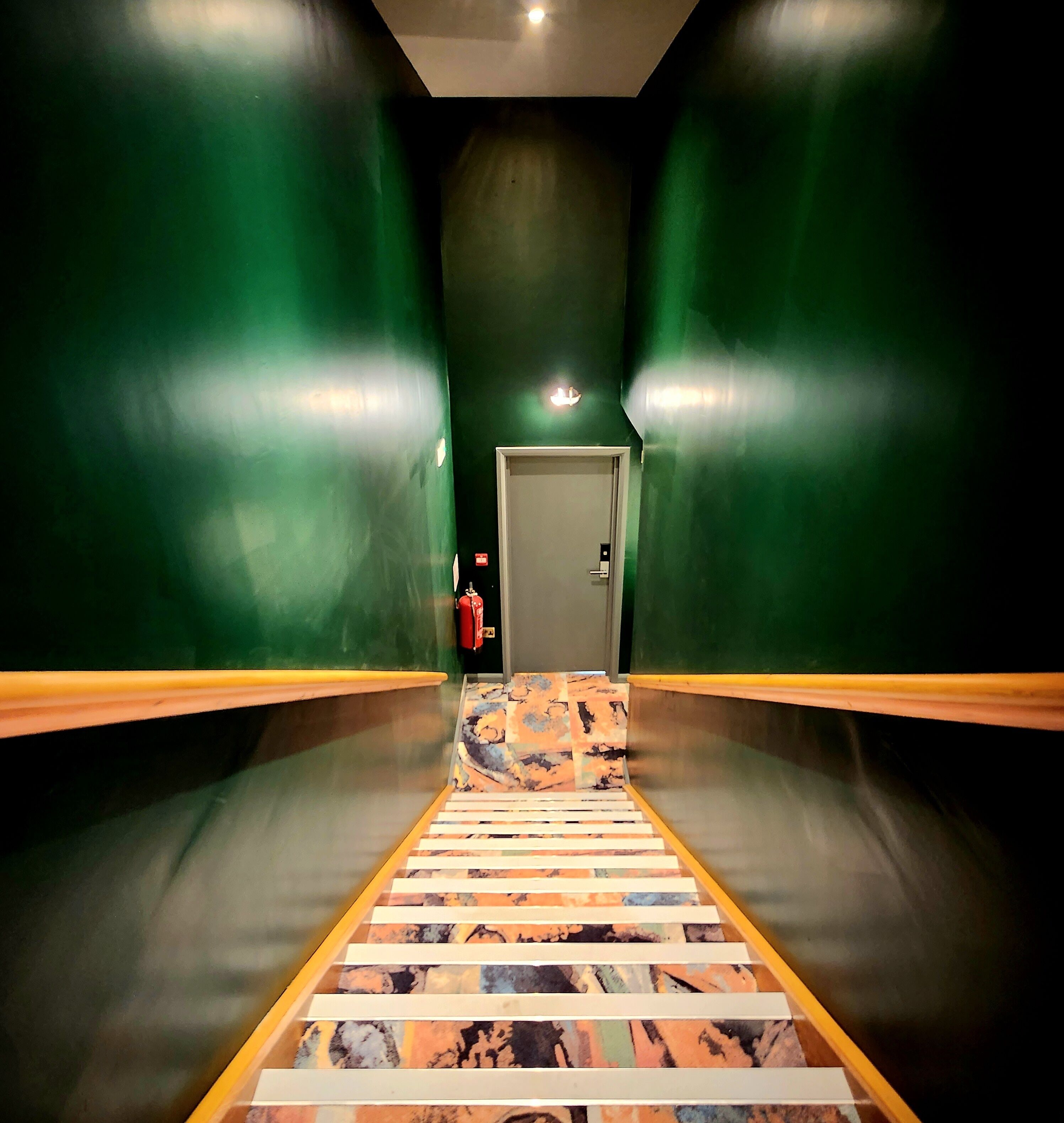 Un pasillo con paredes verdes y una alfombra estampada que lleva a una puerta.