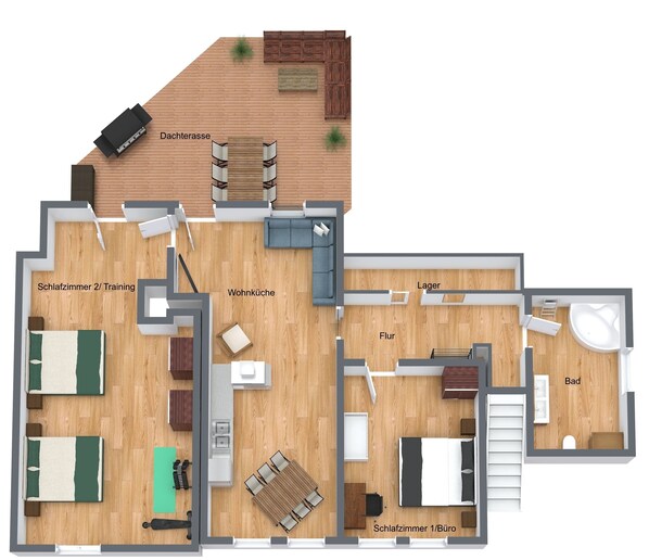 Floor plan - Birdhouse - Big Living for 12 - 2 terraces, table football, BBQs, PS4, fitness (Marburg)