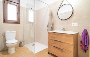 Bathroom features a glass-enclosed shower, toilet, and vanity with mirror.