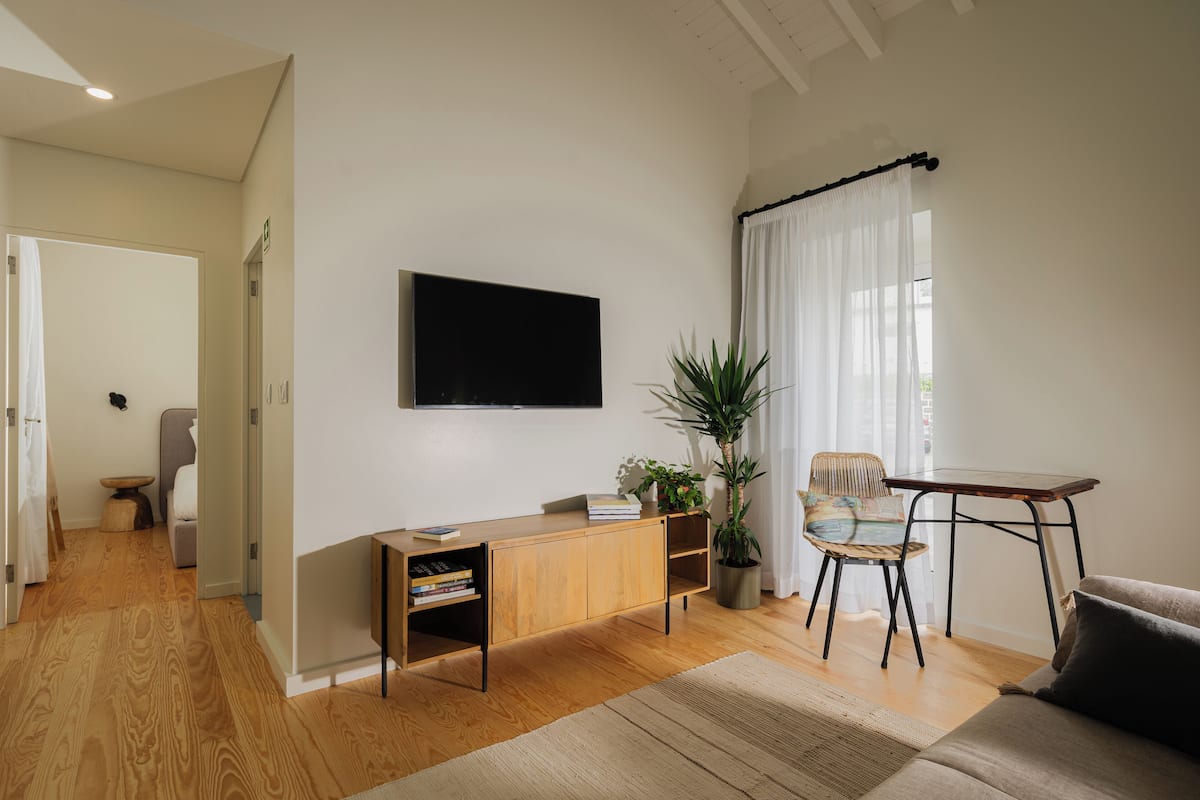 A modern living room with a flat-screen TV, wooden cabinet, potted plant, wicker chair, and a small table.