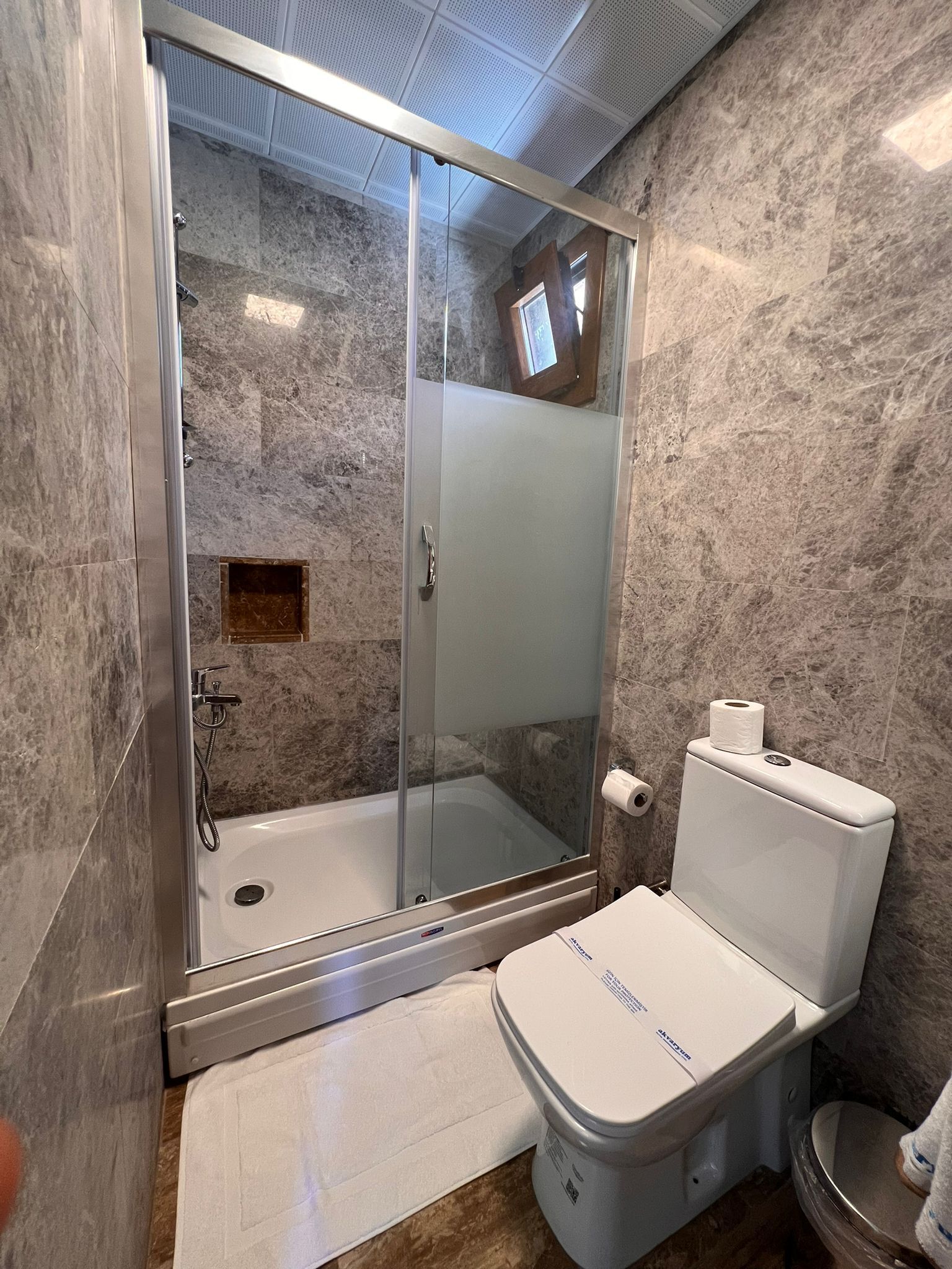 A bathroom with a glass-enclosed shower, a toilet, and a marble wall.