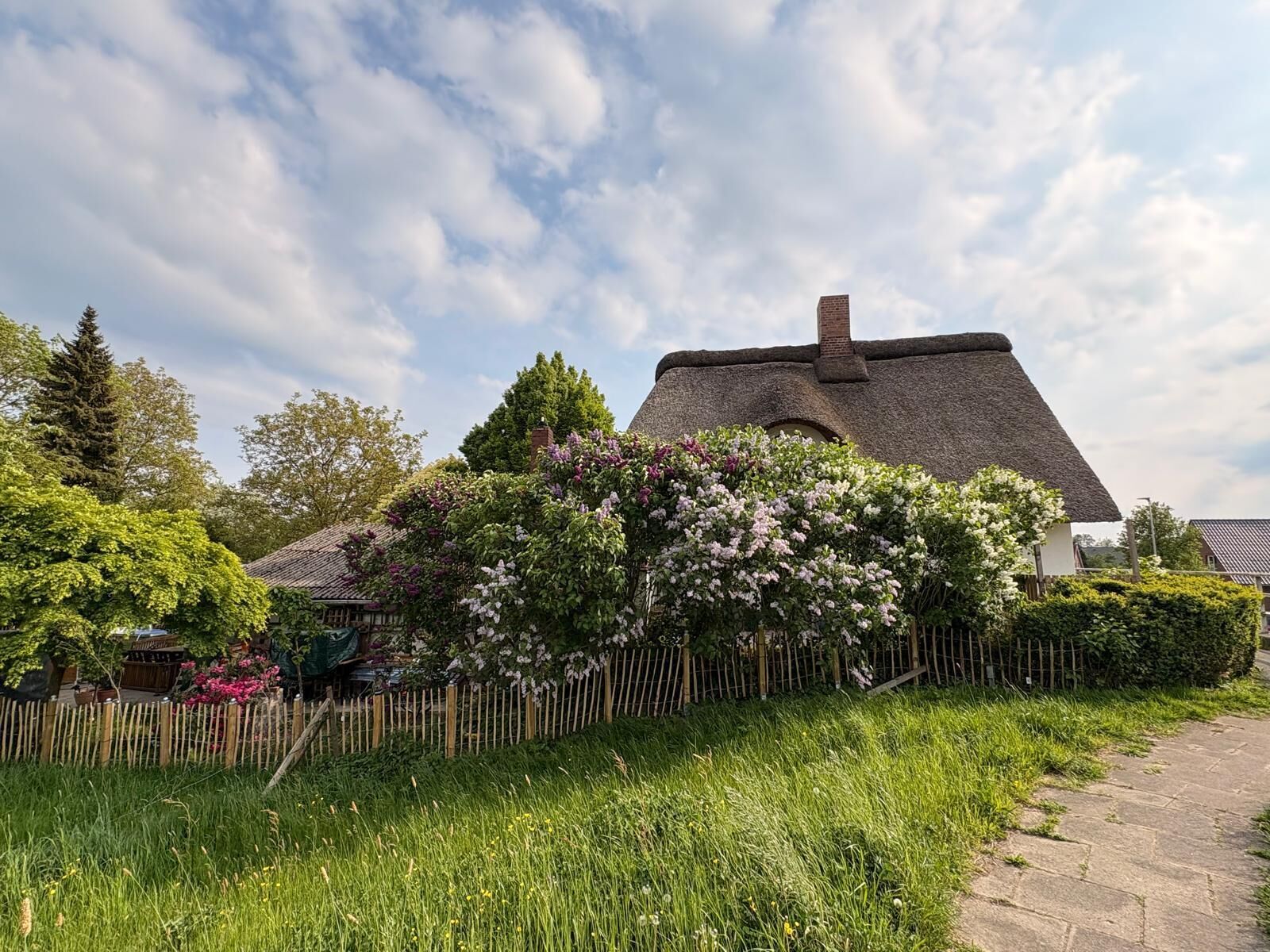 A traditional thatched-roof house with a wooden fence and lush greenery.