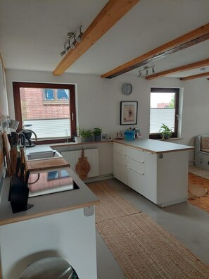 Een koelkast, een oven, een kookplaat, een vaatwasser