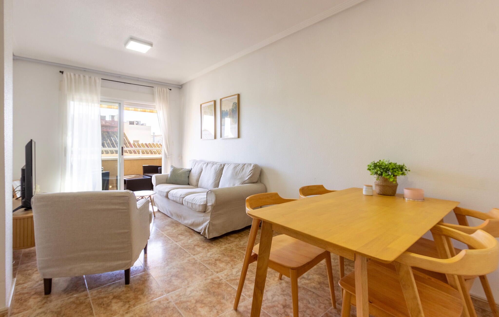 Un salon avec un canapé, une table à manger en bois avec des chaises, un téléviseur et une plante en pot.