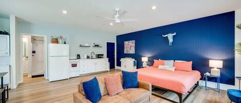 1 bedroom, desk, iron/ironing board, travel cot