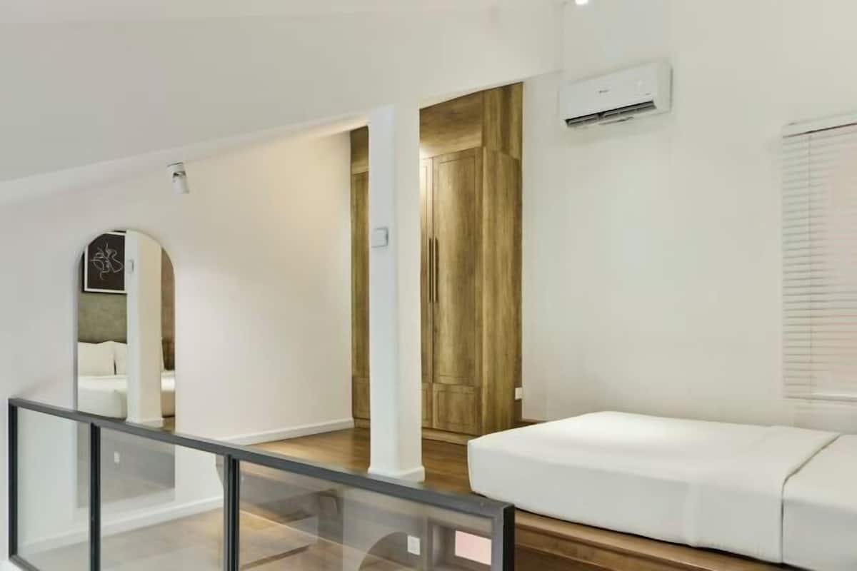 Minibar, desk, laptop workspace, iron/ironing board