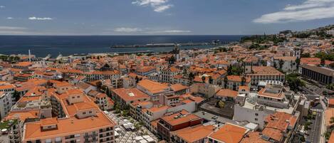 A coastal cityscape with densely packed buildings, a prominent tower, and a clear view of the sea.