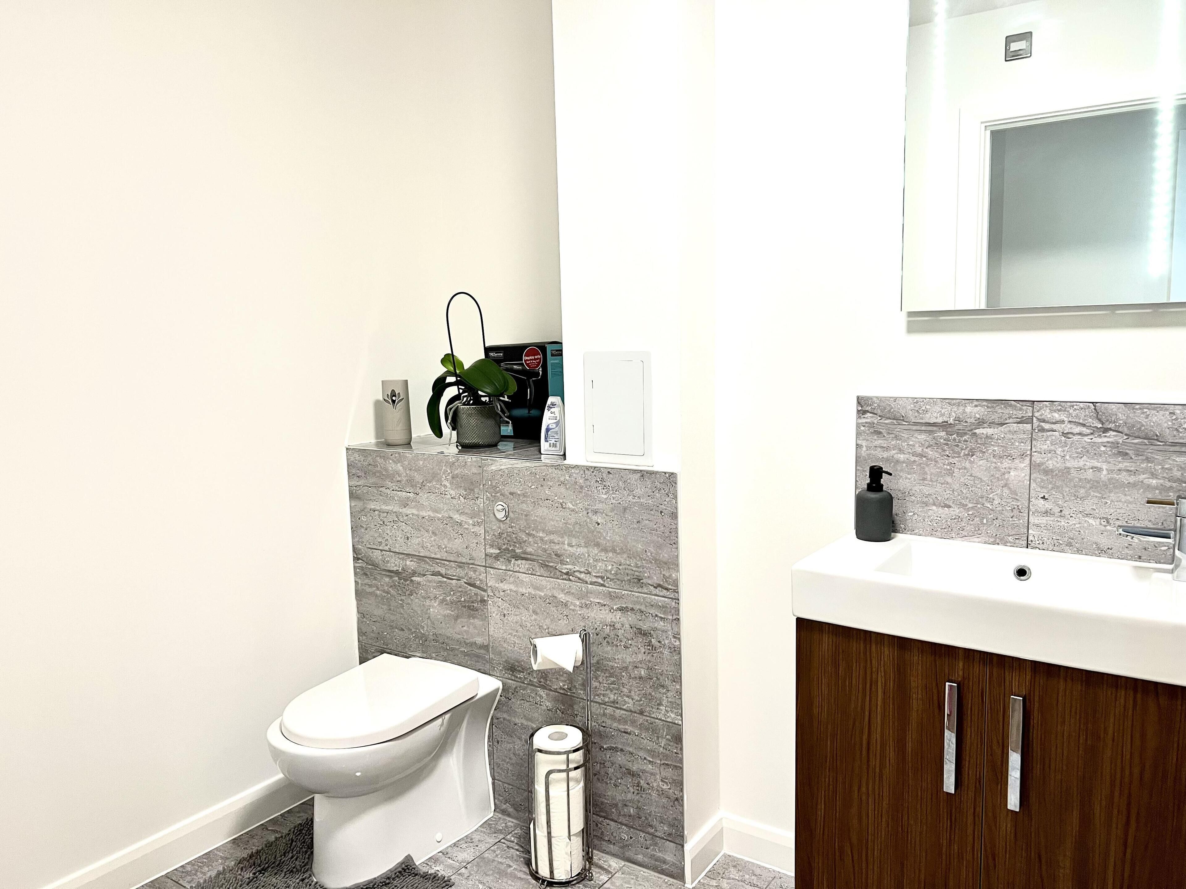 Une salle de bain moderne équipée de toilettes, d’un lavabo et d’un miroir.