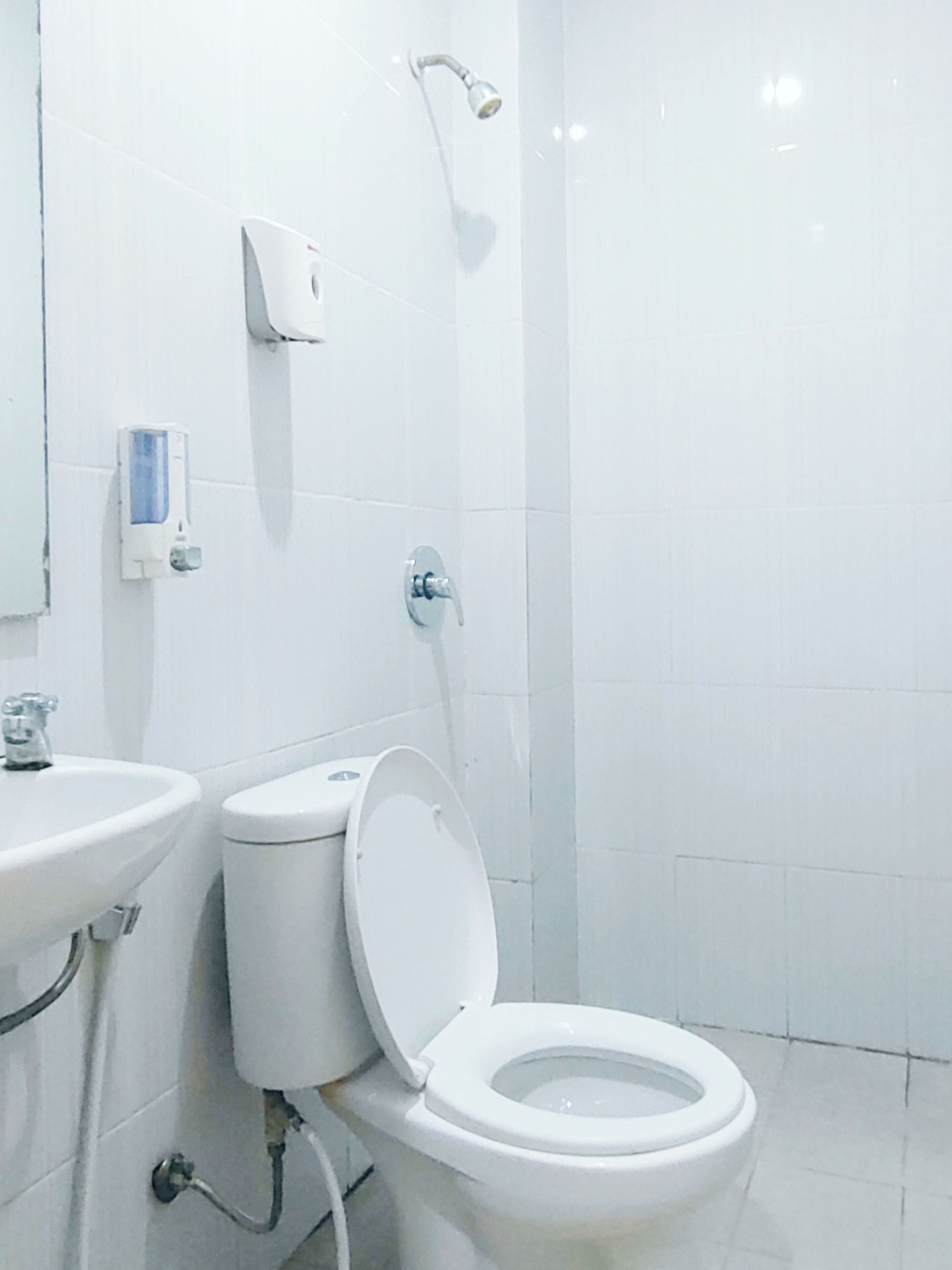 Een moderne badkamer met toilet, wastafel en douche.