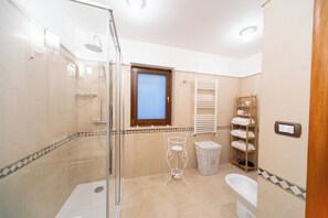 Shower, hair dryer, bidet, towels