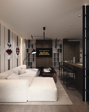 1 bedroom, premium bedding, laptop workspace, blackout curtains