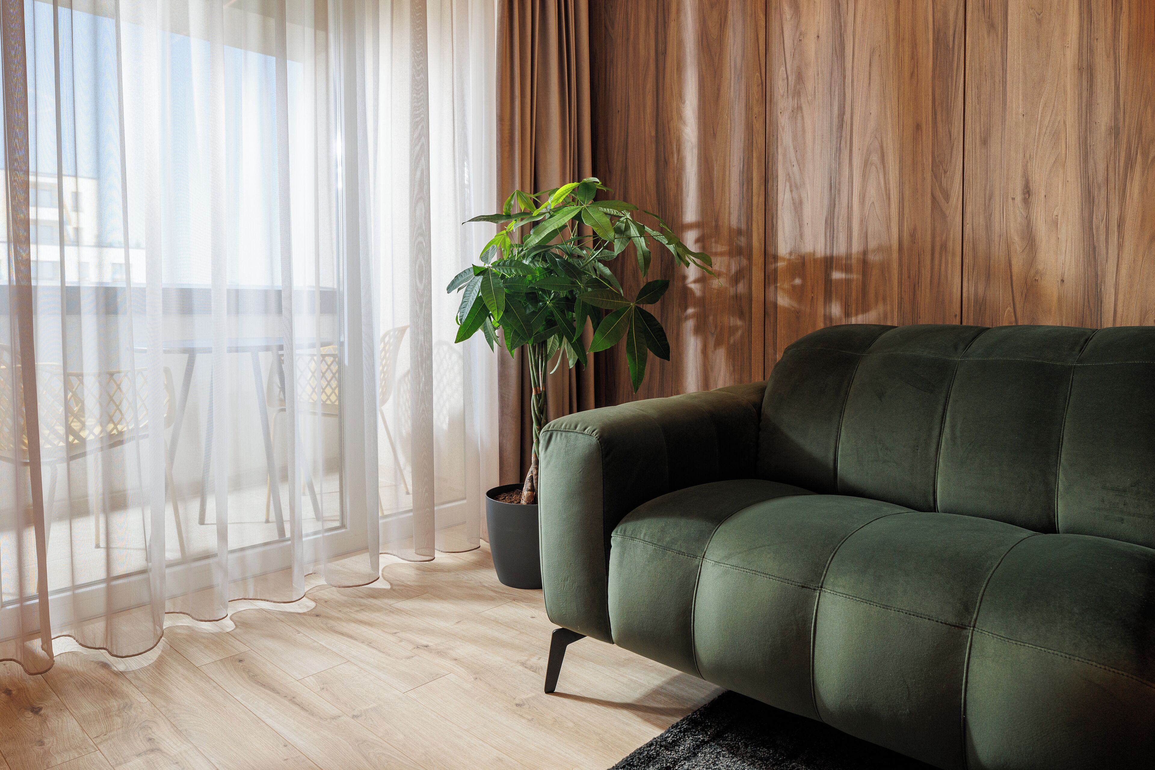 A green sofa in a room with wooden flooring and a large window with sheer curtains.