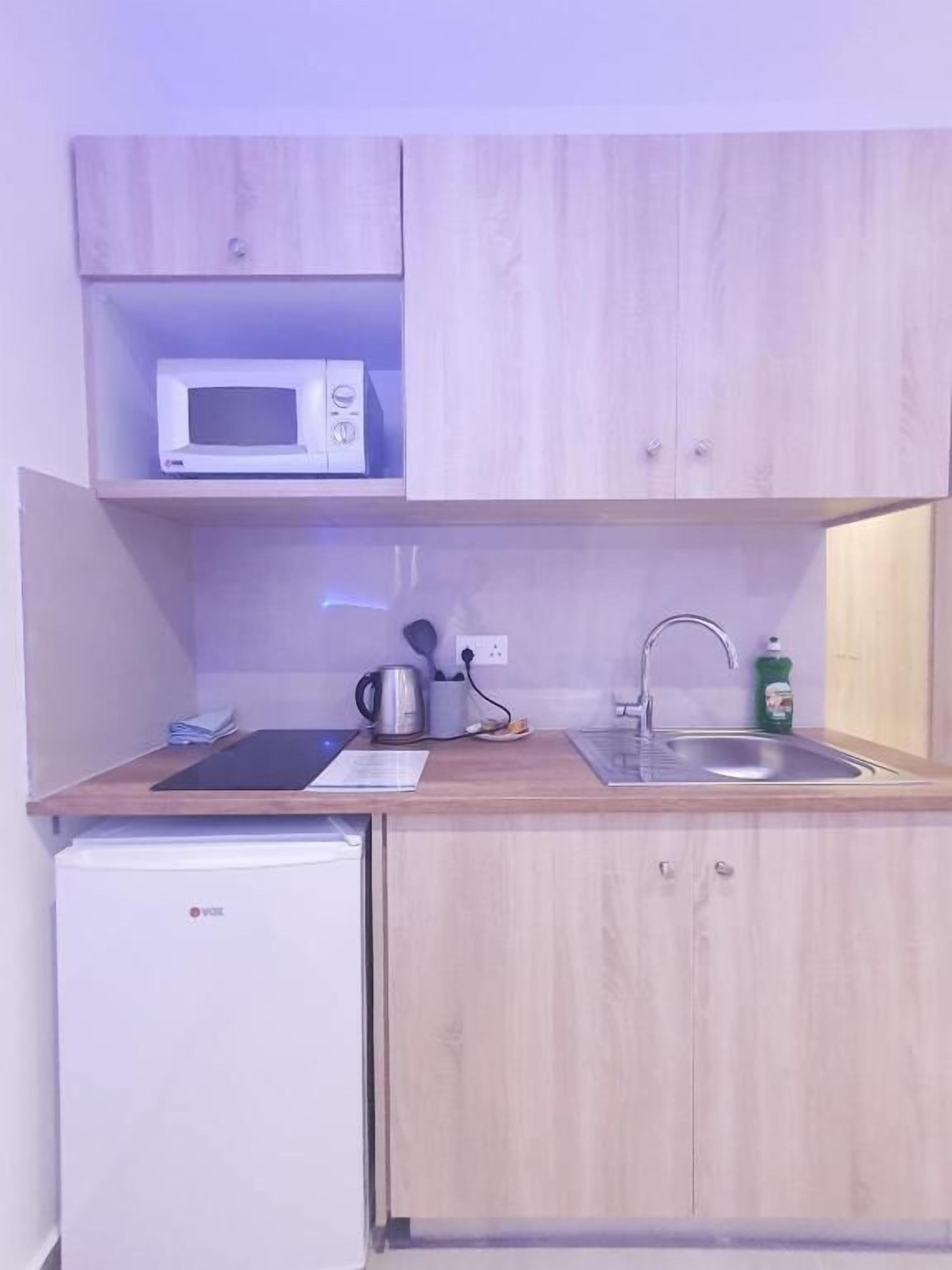 A compact kitchen with a microwave, sink, kettle, and a small refrigerator.