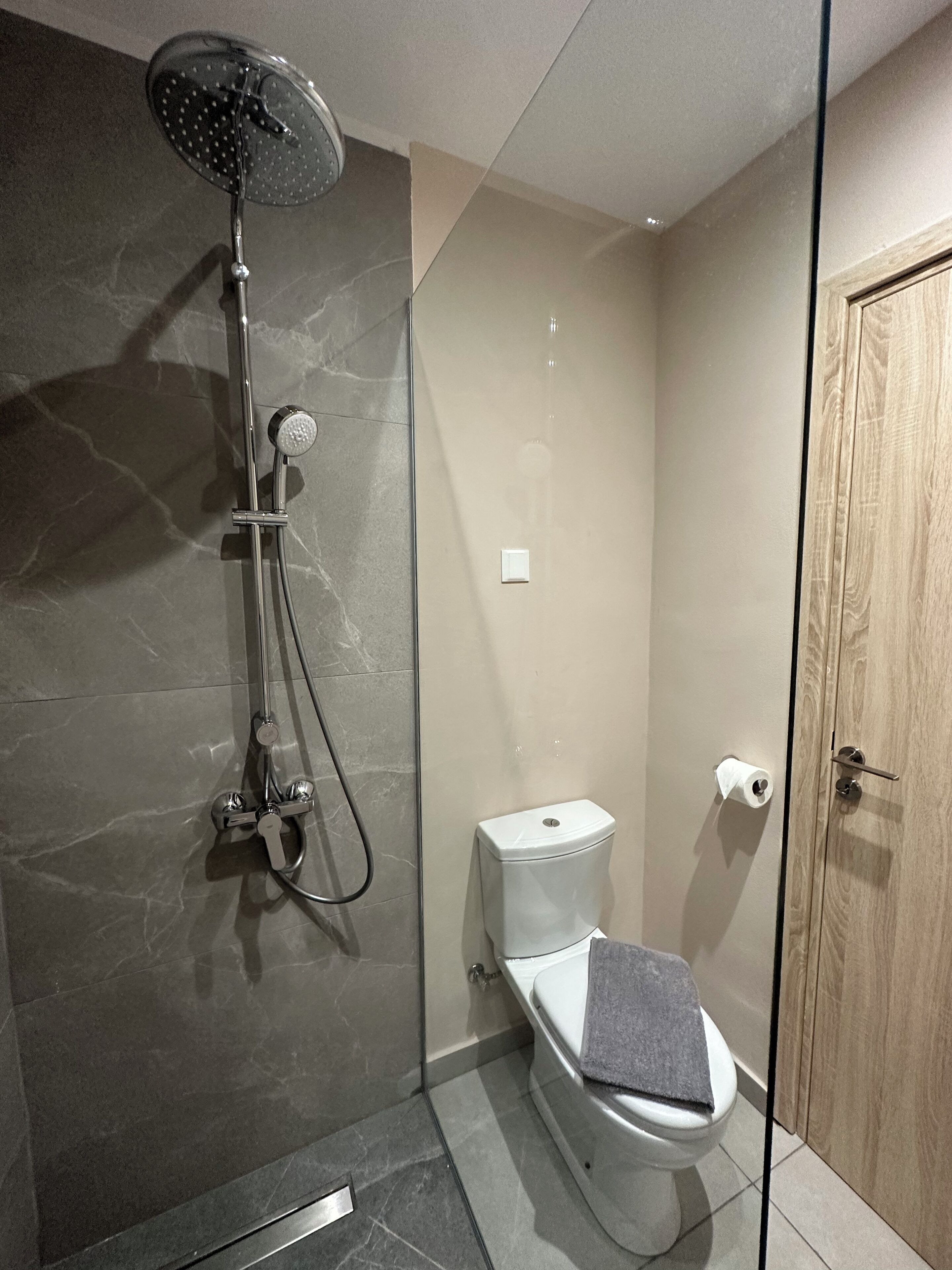 A modern bathroom with a glass shower enclosure, a toilet, and a wooden door.