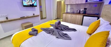 1 bedroom, premium bedding, laptop workspace, blackout drapes