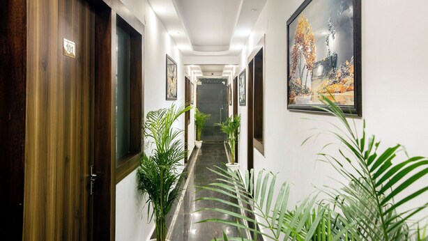 A hallway with wooden doors, potted plants, and framed artwork on the walls. - Mehak Palace (Noida)