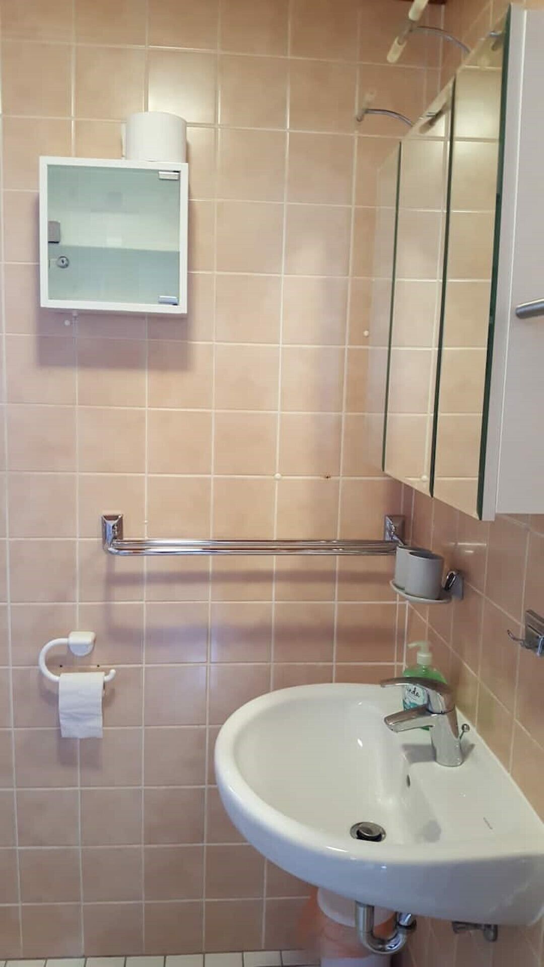 Ett badrum med ett vitt handfat, en spegel, en hållare för toalettpapper och ett stödhandtag.