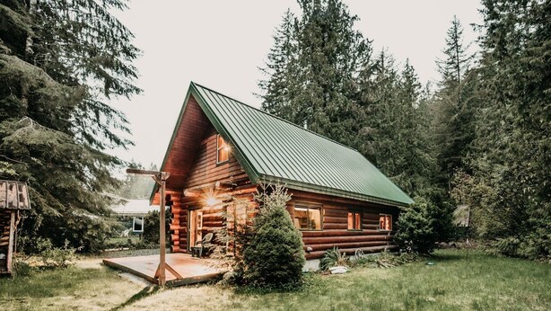 A log cabin with a green metal roof, surrounded by dense forest. - 11sl - Wi-fi - No Pets Log Cabin - Sleeps 7 2 Bedroom Cabin by RedAwning (Deming)