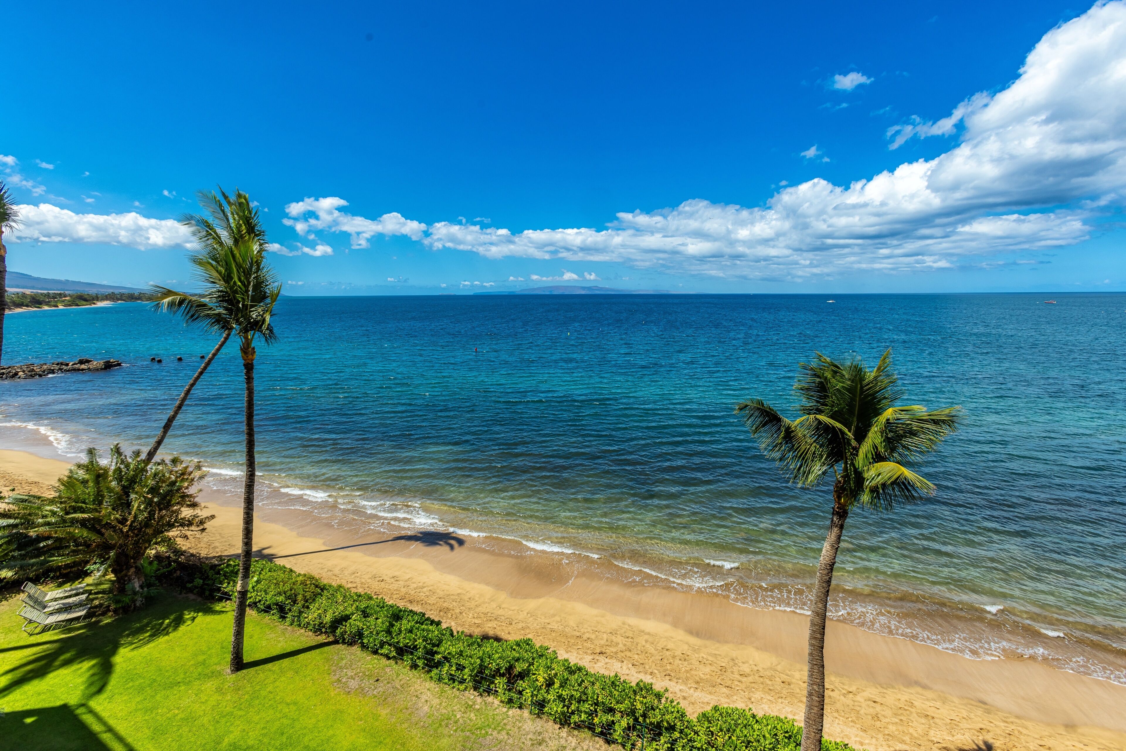 A beach with clear blue water, palm trees, and a distant view of the ocean.