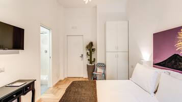 A hotel room with a bed, a desk, a chair, a wardrobe, a television, and a cactus plant.