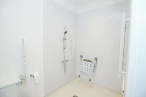 Chuveiro, secador de cabelo, toalhas de banho, sabonete