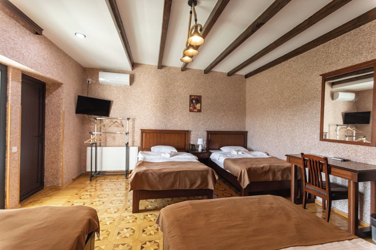 A hotel room with two single beds, a desk with a chair, a mirror, a television, and a radiator.