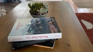 Un dormitorio con cama, ventana y una mesa con libros y una planta.