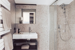 Bathroom features a sink, mirror, and glass-enclosed shower with handheld showerhead.