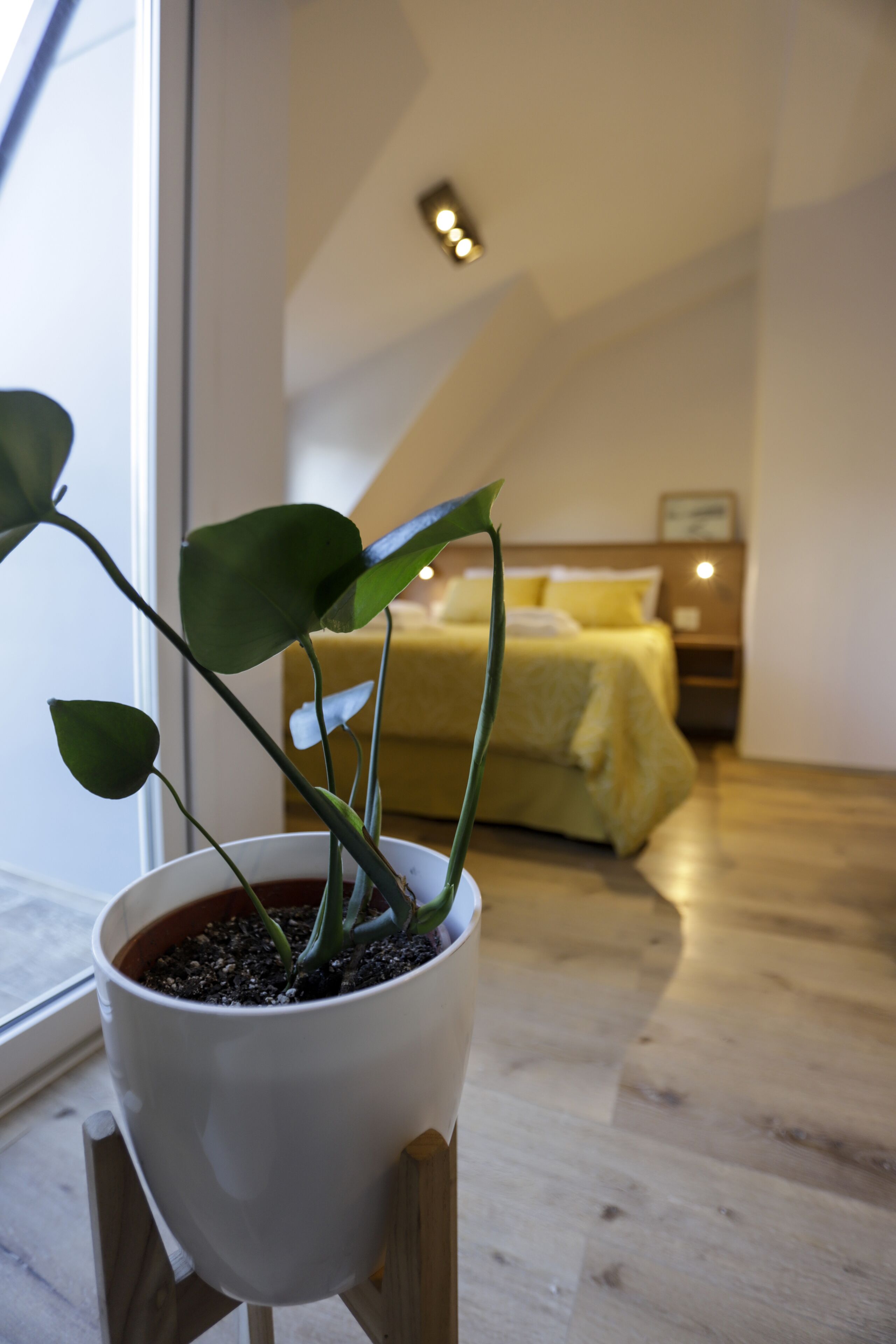 A potted plant on a wooden stand in a room with a bed and a nightstand.