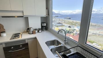Estudio, 1 cama Queen size y sofá cama (5B) | Cocina privada | Refrigerador con congelador, microondas, horno y parrilla de estufa