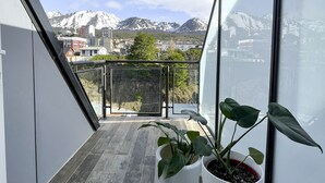 Un balcó amb vista a muntanyes, plantes en testos i un edifici modern.