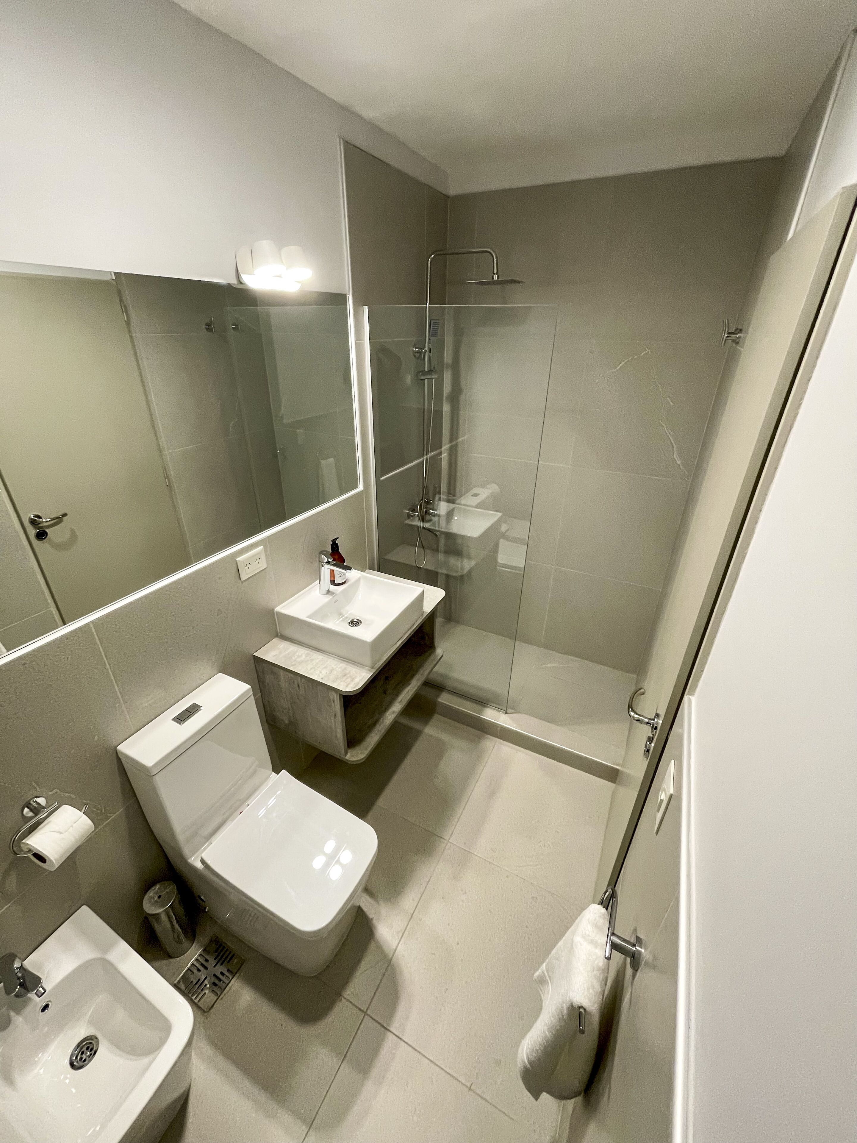A modern bathroom with a glass-enclosed shower, a sink, a toilet, and a mirror.