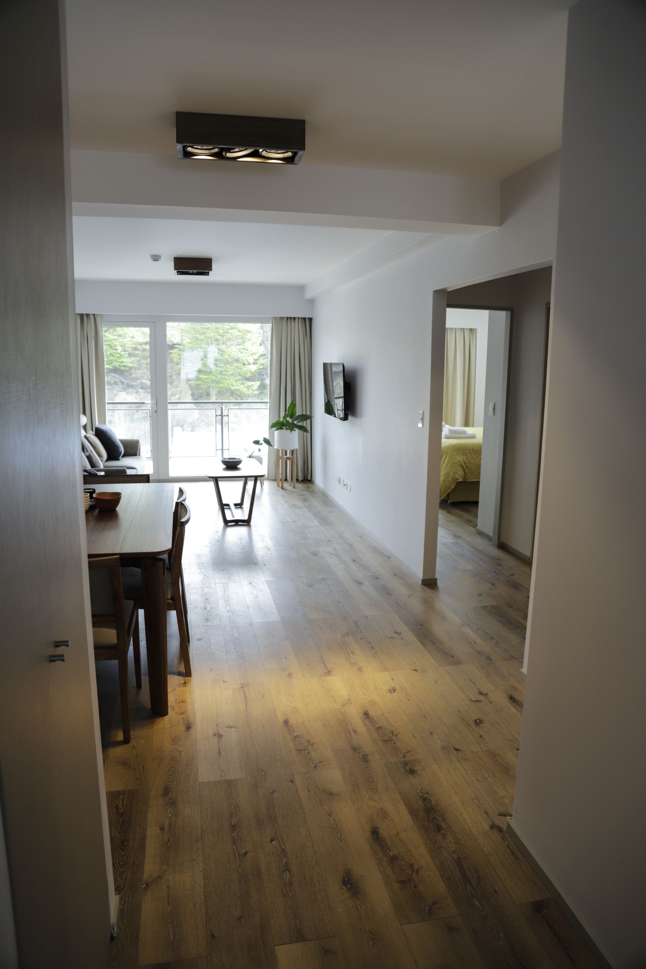 A modern living room with a wooden floor, a dining area with a table and chairs, a sofa, and a TV mounted on the wall.