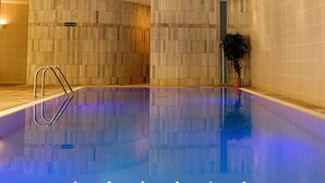An indoor swimming pool with a wooden wall design, a ladder, and a potted plant. - Sporthotel All-Inclusive (Silz)