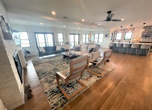 Smart TV, fireplace, books, computer monitors