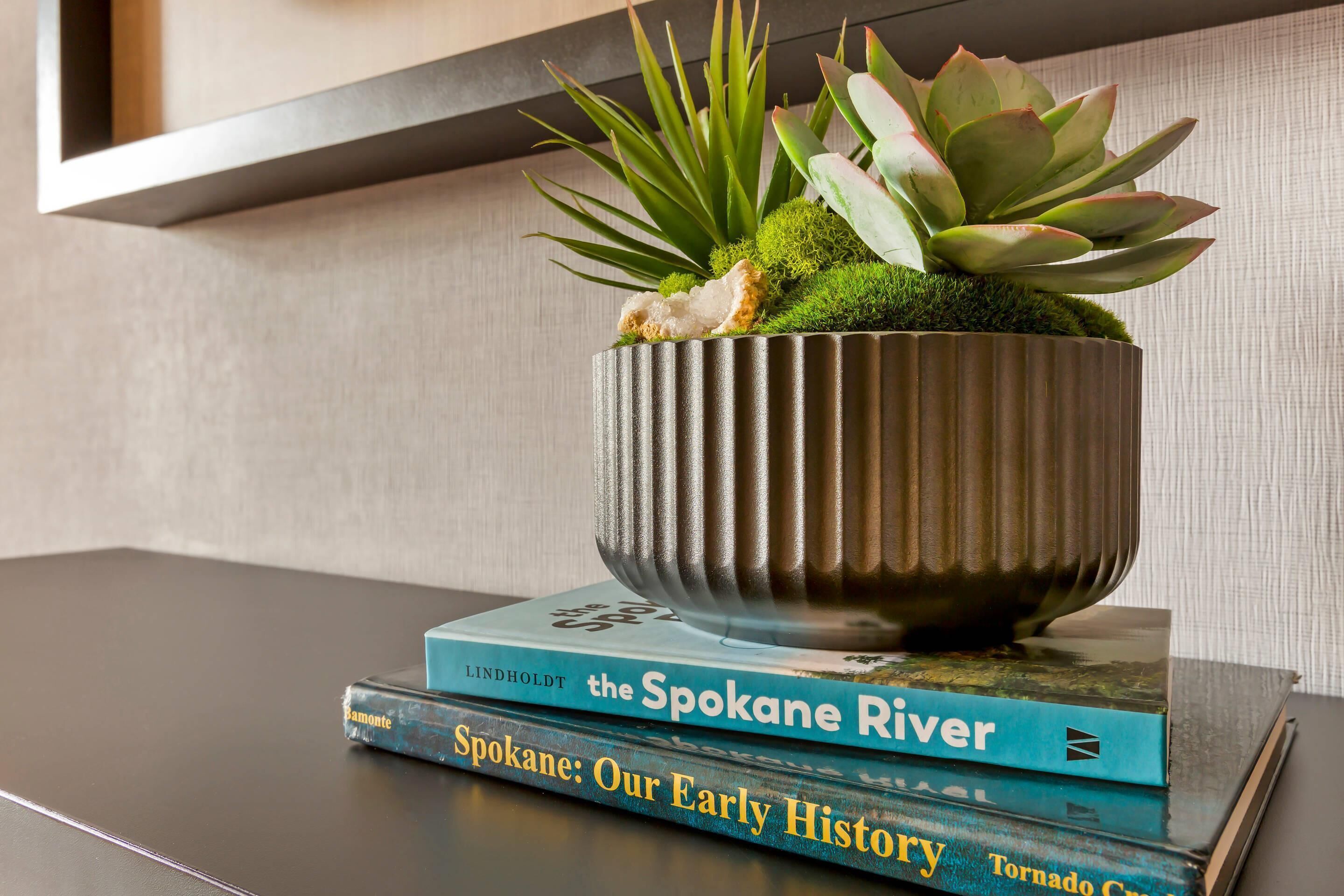 Una planta en maceta con suculentas encima de una pila de libros titulados 'The Spokane River' y 'Spokane: Our Early History'.