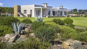 A modern house with a stone facade, a covered patio with lounge chairs, and a well-maintained garden with various plants.
