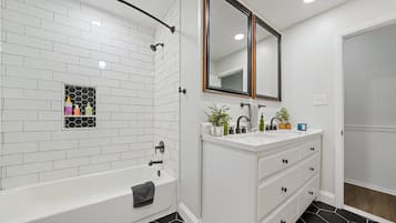 Hair dryer, towels, soap, shampoo